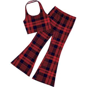 imageOYOANGLE Girls 2 Piece Outfits Clothing Sets Halter Crop Top and Flare Leg Pants SetRed