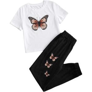 imageOYOANGLE Girls 2 Piece Outfits Short Sleeve Butterfly Tee and Sweatpants SetWhite Black Print