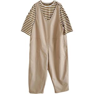 imageOYOANGLE Girls 2 Piece Outfits Striped Short Sleeve Tshirt and Baggy Wide Leg Overalls Jumpsuits SetKhaki