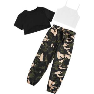 imageOYOANGLE Girls 3 Piece Outfits Casual Short Sleeve Crop Tee and Camo Print Cargo Pants and Cami TopBlack