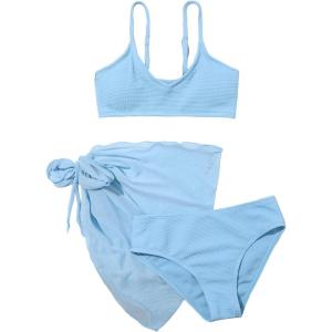 imageOYOANGLE Girls 3 Piece Swimsuit Sets Solid Spaghetti Strap Bikini Swimsuit with Beach SkirtBlue