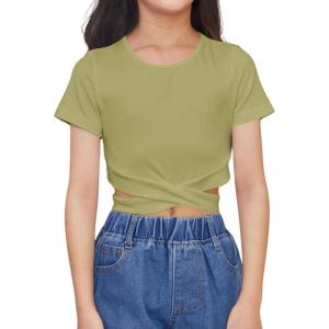 imageOYOANGLE Girls Cute Crisscross Short Sleeve Cutout Solid Crop Top Tee TShirtsArmy Green