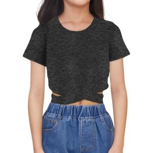 imageOYOANGLE Girls Cute Crisscross Short Sleeve Cutout Solid Crop Top Tee TShirtsBlack Ink