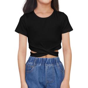 imageOYOANGLE Girls Cute Crisscross Short Sleeve Cutout Solid Crop Top Tee TShirtsDeep Black