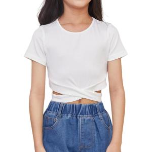 imageOYOANGLE Girls Cute Crisscross Short Sleeve Cutout Solid Crop Top Tee TShirtsWhite