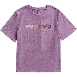 imageOYOANGLE Girls Heart Print Short Sleeve Round Neck TShirt Funny Graphic Tees Cute TopPurple