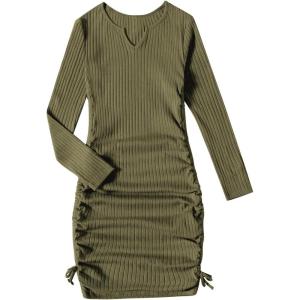 imageOYOANGLE Girls Long Sleeve Ribbed Knit Drawstring Side Ruched Bodycon Short DressArmy Green