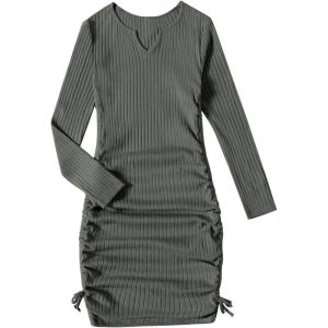 imageOYOANGLE Girls Long Sleeve Ribbed Knit Drawstring Side Ruched Bodycon Short DressDark Grey