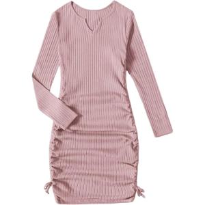 imageOYOANGLE Girls Long Sleeve Ribbed Knit Drawstring Side Ruched Bodycon Short DressDusty Pink