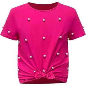 imageOYOANGLE Girls Pearl Beaded Short Sleeve Round Neck Knot Hem Shirt Tops Casual Cute Tee ShirtHot Pink