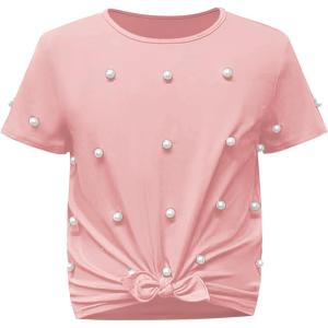 imageOYOANGLE Girls Pearl Beaded Short Sleeve Round Neck Knot Hem Shirt Tops Casual Cute Tee ShirtPink
