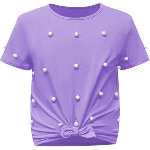 imageOYOANGLE Girls Pearl Beaded Short Sleeve Round Neck Knot Hem Shirt Tops Casual Cute Tee ShirtPurple