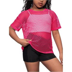 imageOYOANGLE Girls Short Sleeve Fishnet T Shirt Drop Shoulder Hollow Out Mesh Workout TeesHot Pink