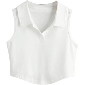 imageOYOANGLE Girls Sleeveless Golf Shirts Collared Workout Crop Tank Top Athletic Tennis TopsWhite