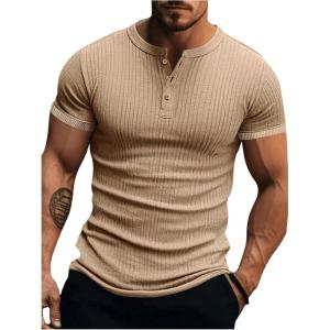 imageOYOANGLE Mens Short Sleeve Henley Shirts Ribbed Knit Half Button TShirts Fitted Work TopsKhaki