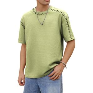 imageOYOANGLE Mens Textured Half Sleeve Loose Casual Tee Shirt Crew Neck Drop Shoulder Top StreetwearLight Green