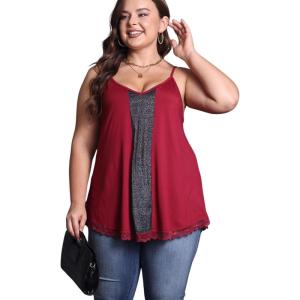 imageOYOANGLE Plus Size Cami Tops for Women Summer Sleeveless Lace Trim Tank TopBurgundy