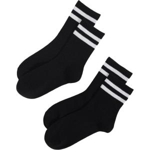 imageOYOANGLE Womens 2 Pairs Striped Trim Casual Crew Socks Simple Mid Calf SocksBlack Striped
