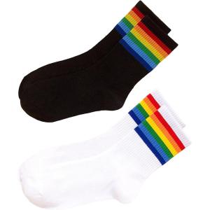 imageOYOANGLE Womens 2 Pairs Striped Trim Casual Crew Socks Simple Mid Calf SocksBlack White