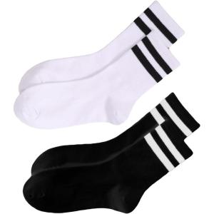 imageOYOANGLE Womens 2 Pairs Striped Trim Casual Crew Socks Simple Mid Calf SocksBlack and White