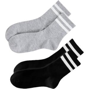 imageOYOANGLE Womens 2 Pairs Striped Trim Casual Crew Socks Simple Mid Calf SocksLight Greyblack
