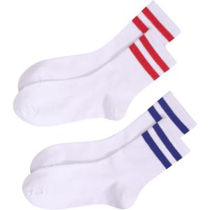 imageOYOANGLE Womens 2 Pairs Striped Trim Casual Crew Socks Simple Mid Calf SocksStripedbluered