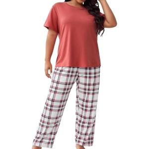imageOYOANGLE Womens 2 Piece Graphic Print Short Sleeve Pajama Set Shirt and Pants Pj Set SleepwearRed White