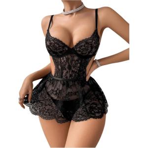 imageOYOANGLE Womens 2 Piece Lingerie Set Lace Sheer Cut Out Backless Chemise Babydoll and Thong SetsBlack