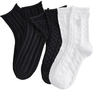 imageOYOANGLE Womens 3 Pairs Cable Knit Casual Crew Socks Stretchy Solid Simple SocksBlack and White