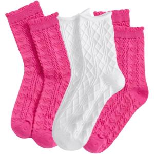 imageOYOANGLE Womens 3 Pairs Cable Knit Casual Crew Socks Stretchy Solid Simple SocksHot Pink White