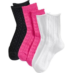 imageOYOANGLE Womens 3 Pairs Cable Knit Casual Crew Socks Stretchy Solid Simple SocksPink White Black