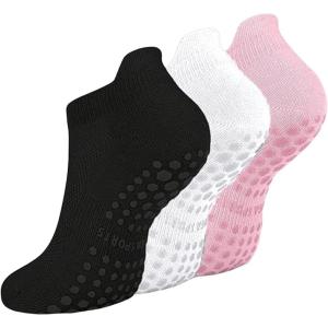 imageOYOANGLE Womens 3 Pairs Pilate Socks with Grips Non Slip Yoga Socks Athletic Sports Ankle SockBlack White Pink