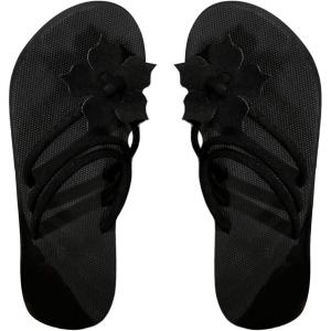 imageOYOANGLE Womens 3D Floral Toe Ring Flat Sandals Open Toe Strappy Slip on Slide SandalsBlack