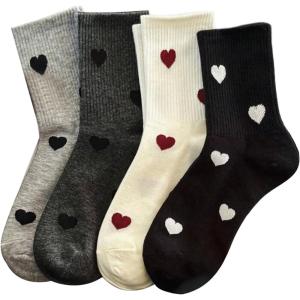 imageOYOANGLE Womens 4 Pairs Cute Heart Print Crew Socks Comfortable Breathable Ribbed SocksBlack White Grey