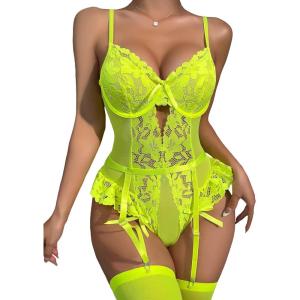 imageOYOANGLE Womens 4 Piece Lingerie Sets Floral Lace Bow Teddy Bodysuit with StockingsLime Green