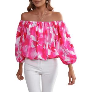 imageOYOANGLE Womens Boho Floral Print Off Shoulder 34 Sleeve Shirred Blouses Casual Top ShirtsPink White