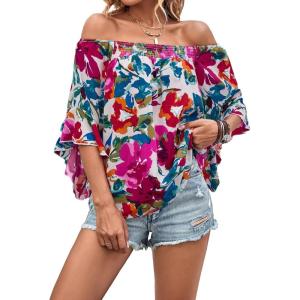 imageOYOANGLE Womens Boho Floral Print Off Shoulder 34 Sleeve Shirred Blouses Casual Top ShirtsWhite and Pink