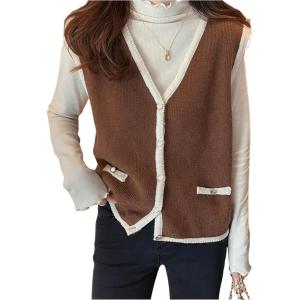 imageOYOANGLE Womens Color Block V Neck Button Front Sleeveless Cardigan Sweaters Trendy Sweater VestBrown