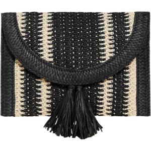 imageOYOANGLE Womens Color Block Woven Clutch Bag Straw Fringe Flap Small Striped Boho Purse HandbagsBlack