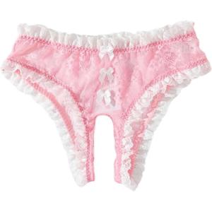 imageOYOANGLE Womens Crotchless Panties Bow Floral Lace Sheer Frilly Underwear Cut Out Low Rise BriefsPink