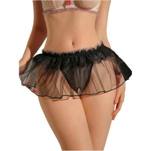 imageOYOANGLE Womens Crotchless Panties Lace Trim Ruffle Sheer Low Rise Thongs Mesh Lingerie UnderwearBlack
