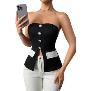 imageOYOANGLE Womens Elegant Color Block Button Strapless Tube Top Slit Hem Fitted BandeauBlack