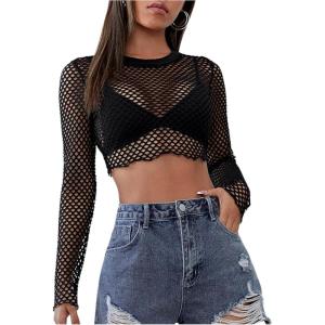 imageOYOANGLE Womens Fishnet Crop Top Long Sleeve See Through Mesh Tshirt Party Rave OutfitsBlack