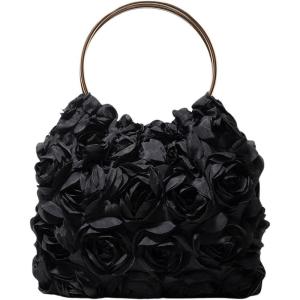 imageOYOANGLE Womens Floral Clutch Purses Metallic Top Handle Small Flower Evening Bags Prom HandbagsBlack