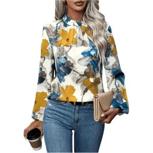 imageOYOANGLE Womens Floral Print Long Sleeve Mock Neck Blouse Work Casual Pleated Shirt TopsWhite