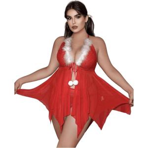 imageOYOANGLE Womens Fuzzy Trim Criss Cross Open Front Chemise Nightgown with Thongs Set Babydoll SleepwearRed