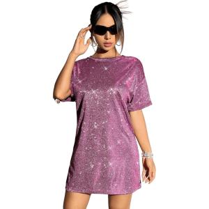 imageOYOANGLE Womens Glitter Sparkly Party Blouse Y2K Oversized Top Long Tee TShirt Short Sleeve Loose Casual Tunic TopPink
