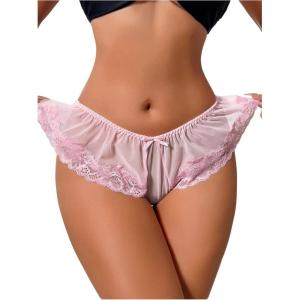 imageOYOANGLE Womens Lace Sheer Ruffle Thong Panties Bowknot Mid Rise Comfortable UnderwearLilac Purple