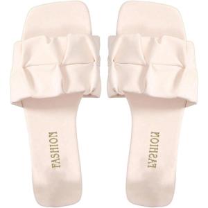 imageOYOANGLE Womens Leather Ruched Single Band Sandals Square Toe Slip On Flat SandalsBeige