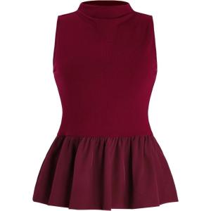 imageOYOANGLE Womens Mock Neck Babydoll Tank Top Sleeveless Rib Knit Ruffle Peplum TopsBurgundy